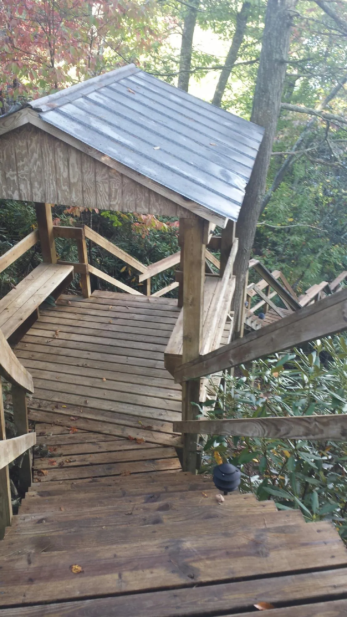 Metal roofed shelter over wooden steps on a wooded walkway — Skylight Repair & Installation work by our crew in Amanda Park